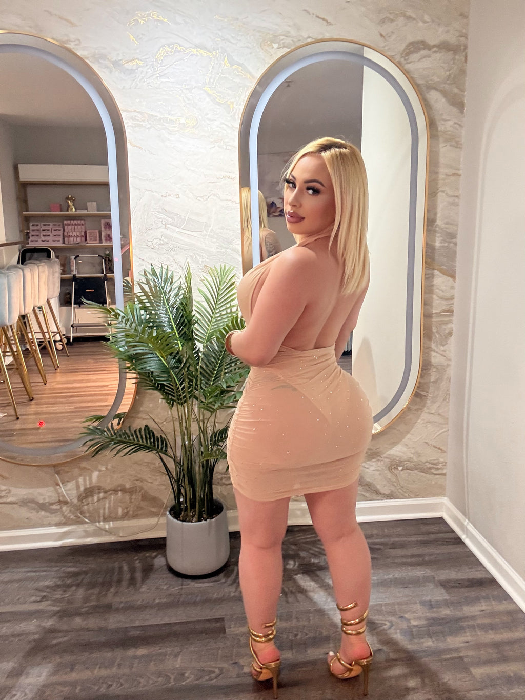 Rhinestone Sexy Halter Backless Dress