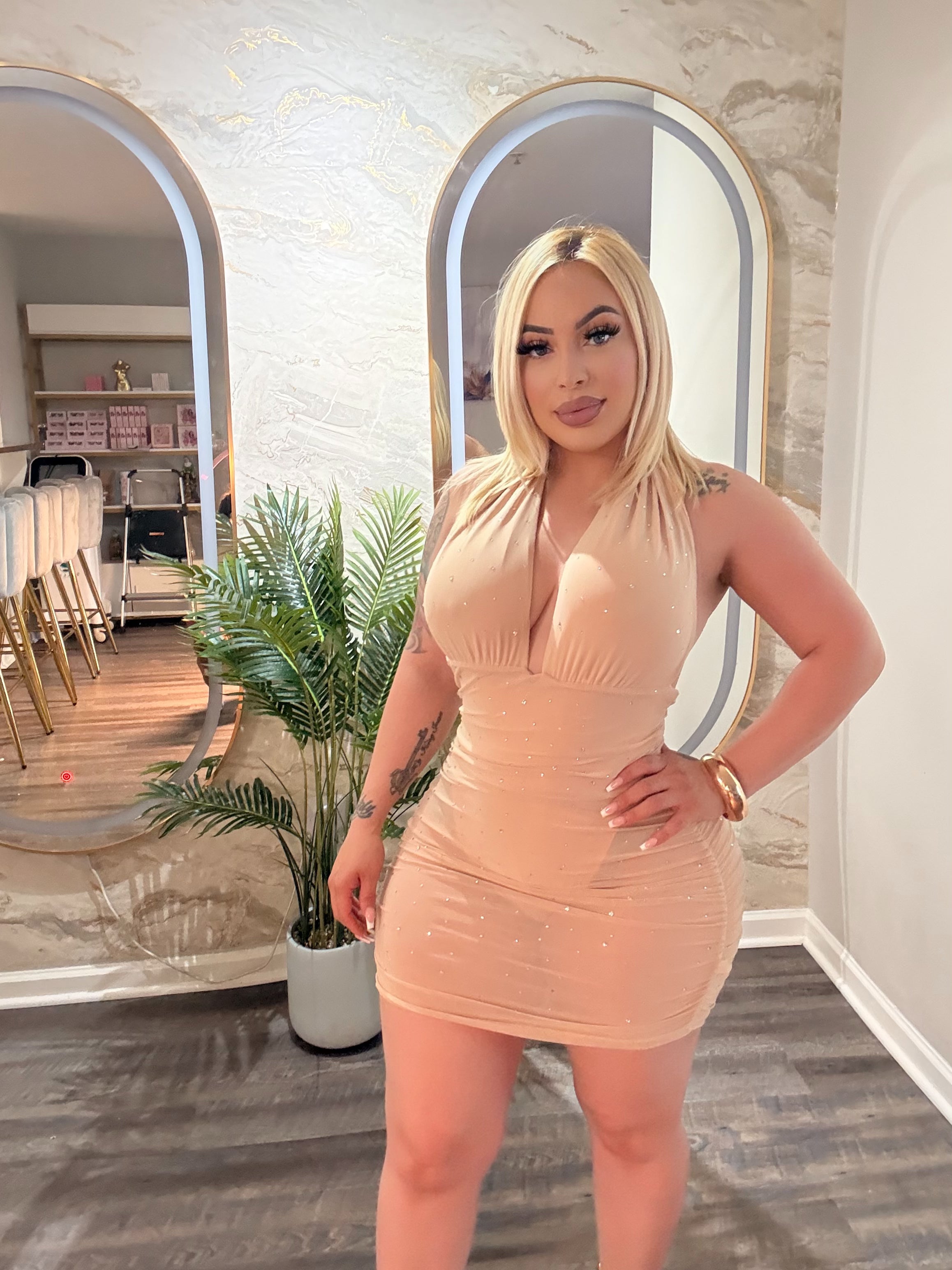 Rhinestone Sexy Halter Backless Dress